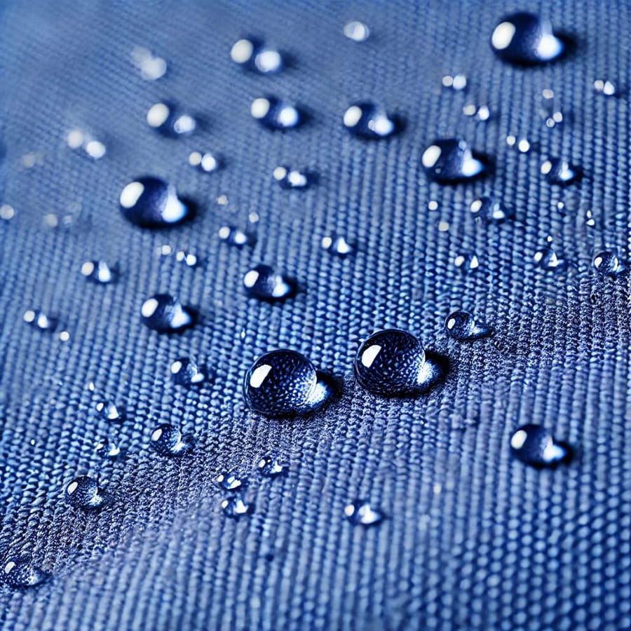 Close-up of water beads on blue fabric treated with durable water repellent (DWR), showcasing its water-resistant properties